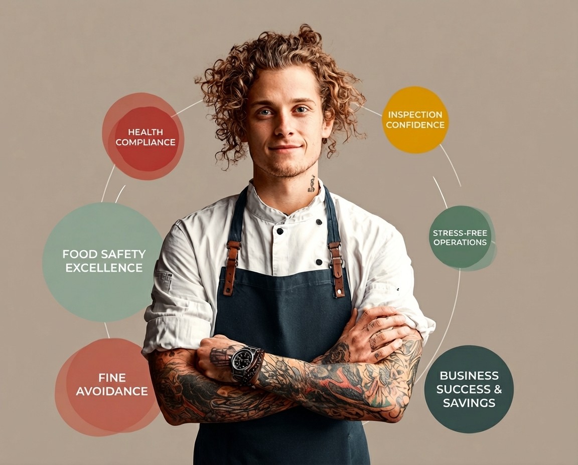 Chef in an apron surrounded by six RiA-Sure benefit callouts: health compliance, food safety excellence, fine avoidance, inspection confidence, stress-free operations, and business success & savings
